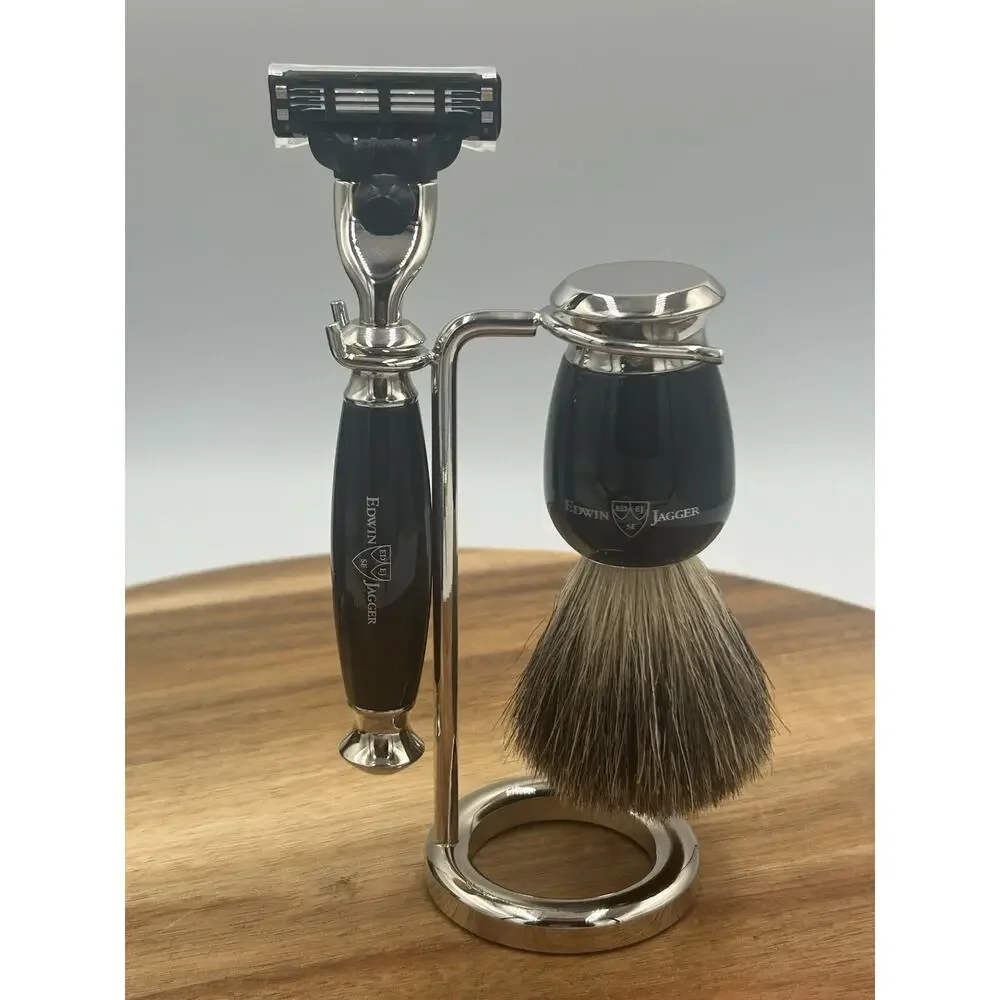 Edwin Jagger Shaving Set Black 3pc w/ Stand Badger Brush Razor Handle & Box